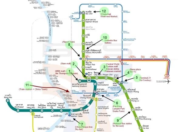 карта Бангкока BTS карту, дзе захаваліся адметнасці
